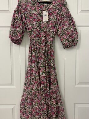 MANGO Floral Puff-Sleeve Midi Dress - Pink Green